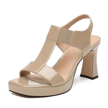 Imagem de NUMALEO Sandálias femininas de salto grosso, salto alto plataforma, sandálias de verão com tira no tornozelo, bico aberto quadrado, sapatos confortáveis e elegantes para mulheres, Nude., 40