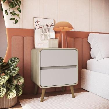 Imagem de Mesa De Cabeceira Canto Curvo Com 02 Gavetas E Pés Palito Retrô Carvalho Araguaia