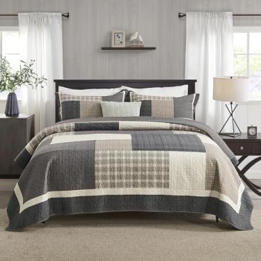 Imagem de FineStichery Conjunto de colcha queen 100% algodão, colcha queen com fronhas, patchwork xadrez de fazenda, leve e macio, conjunto de cama com edredom acolchoado, 3 peças, bege/cinza/marrom-verde