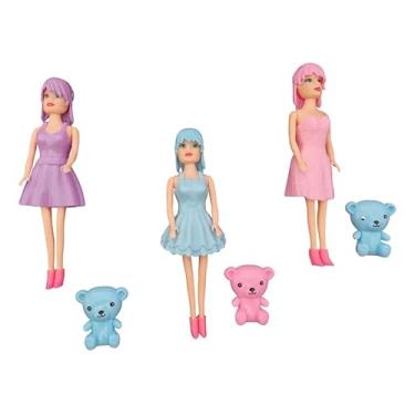 Imagem de Kit 3 Bonecas com Vestidos Coloridos + Ursinhos de Pelúcia, Rosa, Lilás e Azul
