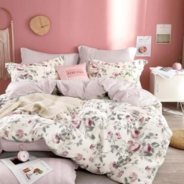 Imagem de ALEISSEL Conjunto de edredom floral vintage de algodão com 3 peças, tamanho Queen - rosa empoeirada e folhagem cinza macia em branco, blush listrado francês, patchwork reverso, conjunto de cama leve
