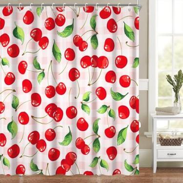 Imagem de Conjunto de cortina de chuveiro rosa cereja linda estampa de frutas decoração de banheiro aquarela cereja vermelha cortinas de banheira para crianças meninas adultos lavável na máquina tecido de