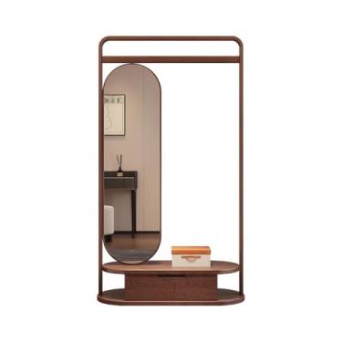 Imagem de Ganchos de prateleira de casaco de madeira maciça cabide de piso para vestir, espelho, entrada, espelho de corpo inteiro, suporte de roupas, quarto, sala de estar, para decoração de casa (nogueira