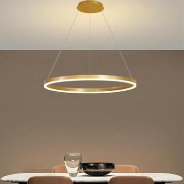Imagem de Luminária pendente moderna regulável com controle remoto para sala de jantar dourada 1 anel 60cm
