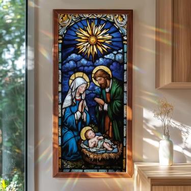 Imagem de Película para janela 17,3 x 39,3 polegadas Natal presépio privacidade vidro adesivo estilo vitral decorativo cobertura de janela com Sagrada Família Bebê Jesus autoadesivo removível para férias
