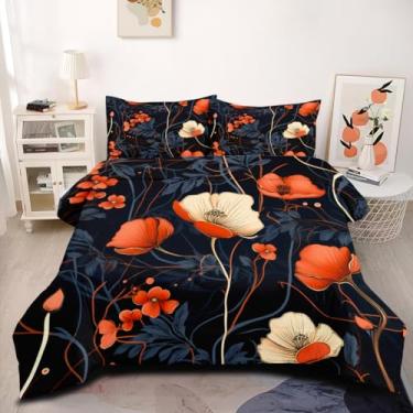 Imagem de CCoutueChen Conjunto de edredom floral preto, tamanho Queen, conjunto de cama de microfibra botânica gótica, folhas aconchegantes para decoração de quarto para adultos/mulheres