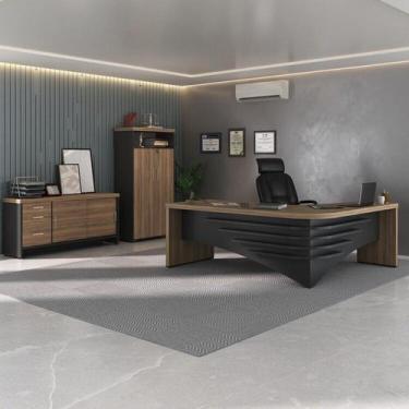 Imagem de Kit Escritório Completo 3 Peças: Mesa Diretor em L Tamburato, Balcão c