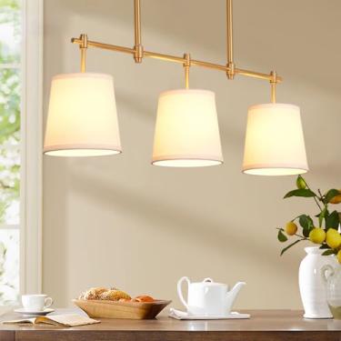 Imagem de 3 Luzes Pendentes Lineares Pretas Para Ilha De Cozinha Com Sombra De Tecido Antigo Ouro Rústico Fazenda Teto Luminária Pendurada Lustre Linear Vintage Para Sala De Jantar Mesa Restaurante Ba