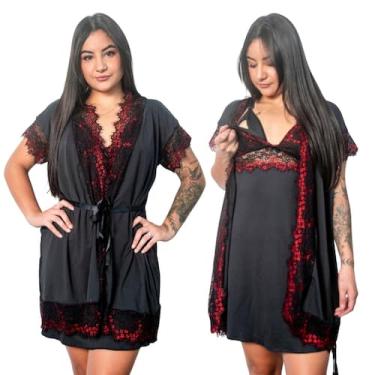 Imagem de Kit Robe Roupão e Camisola Amamentação Gestante Bicolor Pós Parto Luxu