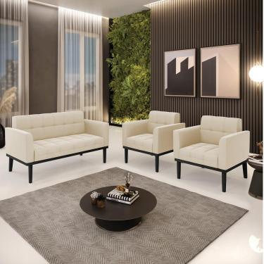 Imagem de Conjunto 2 Poltronas e 1 Namoradeira Decorativa Karen Pés Fixo em Madeira Preto Suede Bege G19 - Gran Belo