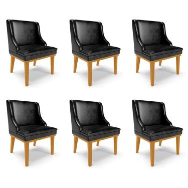 Imagem de Kit 6 Cadeiras Decorativas Sala de Jantar Base Fixa de Madeira Firenze PU Preto Brilho/Castanho G19 - Gran Belo