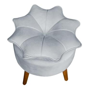 Imagem de Puff Banqueta Decorativa Flor/Pétala Veludo com Pés Palito de Madeira – Estofado Redondo Design Floral (Cinza, Flor/Petala)