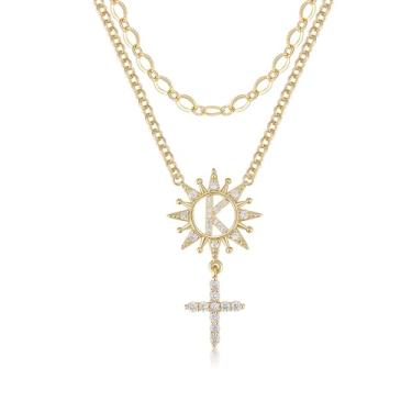 Imagem de TANTIUE Colar feminino com letras e cruz de girassol banhado a ouro 14 K, zircônia cúbica, girassol com inicial em camadas, pingente de cruz A - Z, joia feminina, adjustable, Latão, Zircônia cúbica
