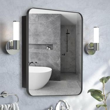 Imagem de FUMANGO Armário de remédios de banheiro embutido na parede com moldura de metal preto 40,6 x 66 cm, armário de remédios retangular arredondado