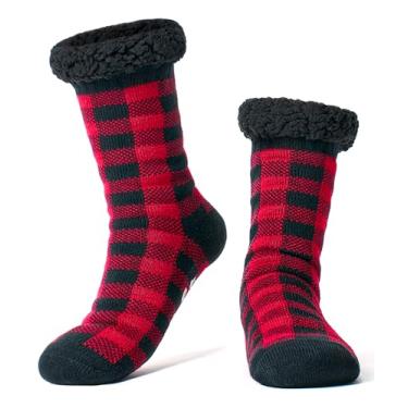 Imagem de cosyone1997 Meias masculinas quentes com aderência, meias felpudas térmicas de inverno, presentes de Natal aconchegantes para homens, exclusivos, Xadrez vermelho/preto, 11-14