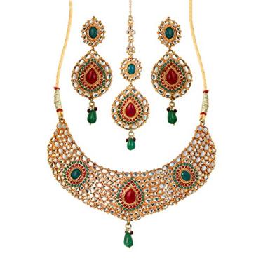 Imagem de Touchstone Conjunto de colar longo de joias indianas de Bollywood feito à mão tradicional Royal Mughal Kundan Polki Meenakari esmaltado colorido de casamento em tom dourado e prateado para mulheres., Strass