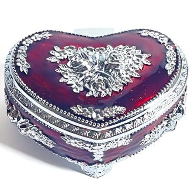 Imagem de KiteStar Caixa de joias em forma de coração, baú de joias de metal com relevo de rosa, estojo de armazenamento de anel de colar e brincos para mulheres (vermelho transparente cromado, pequeno)