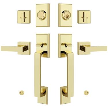 Imagem de LOQRON Conjunto de fechadura de porta frontal dupla, maçaneta de porta frontal com chave com manequim, alavanca de porta quadrada resistente e combinação de fechadura de cilindro único, latão polido