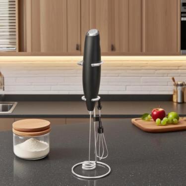 Imagem de Espumador de leite portátil, batedor elétrico de espuma, misturador de bebidas com 2 cabeças, 1 bottel e ovo latte em pé (não 2 AA incluídos) - azul