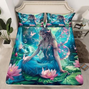 Imagem de Jogo de lençol Queen com borboleta rosa, flor de lótus, decoração de quarto de crianças, meninas, adolescentes, mulheres, estilo mágico, princesa sonhadora, cenário da natureza, lençol com bolso alto