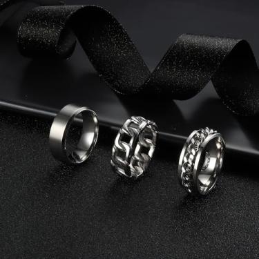 Imagem de 3 peças de anéis masculinos para homens mulheres aço inoxidável prata preto anel anel anel de corrente cubana anéis giratórios anel masculino promessa conjunto de anéis de casamento, Aço inoxidável