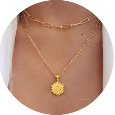 Imagem de Colar personalizado com pingente de letra A-Z, design hexagonal de corrente de camada dupla, joia minimalista de aço inoxidável para mulheres, F, Aço inoxidável, Sem Pedra Preciosa