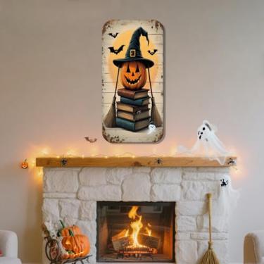 Imagem de 1 placa vintage de lata de Halloween - abóbora de bruxa rústica em livros com morcegos e vassouras decoração de parede para varanda, bar ou casa assombrada, amarelo, 30 x 15 cm