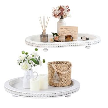 Imagem de Urban Deco Bandejas decorativas para decoração de casa, bandejas de madeira para mesa de centro, bandeja de listras brancas para sala de estar, cozinha, decoração de mesa central de fazenda (2, oval +