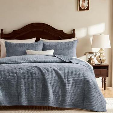 Imagem de WDCOZY Conjunto de colcha de veludo California tamanho king size – Colcha de cama macia e leve com ponto de palheta listrada azul, colcha rústica country Channel Farmhouse, edredom fino, 3 peças