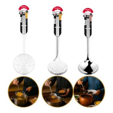 Imagem de Kit 3 Utensilios Cozinha Inox Concha Fritadeira Escumadeira - Original