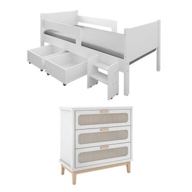 Imagem de Kit Cama Infantil Luna Com Organizador Escada + Cômoda Isa - Branco - Branco