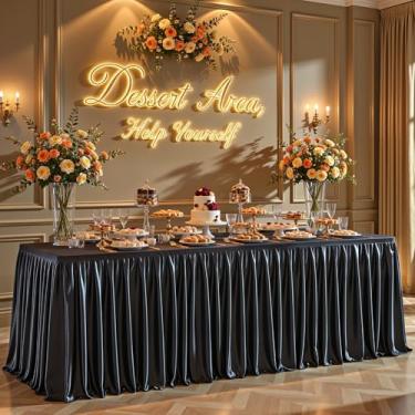Imagem de Toalhas de mesa retangulares de cetim preto de 1,8 m – Capa de mesa de festa de elastano brilhante com saia de mesa plissada, sem rugas e brilhante, toalha de mesa de casamento, peça única para