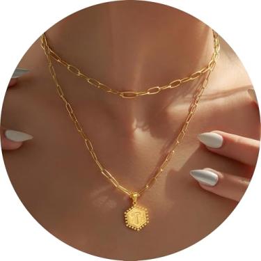 Imagem de Colar feminino com inicial em camadas, aço inoxidável banhado a ouro 18K, pingente de clipe de papel duplo A a Z, conjunto de duas correntes destacáveis, 16.5in/ 14+2in, Aço inoxidável, Sem Pedra