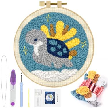 Imagem de ERKOON Kit de agulhas de perfuração para adultos, iniciantes, conjunto de bordado de animais marinhos fáceis para iniciantes, projeto de perfuração com padrões, ferramentas, fios, argola, instruções