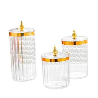 Imagem de IEUDNS Conjunto de 3 Potes de Armazenamento de Alimentos com Tampas Herméticas, Organizador de Despensa Moderno, Recipientes para Armazenar Alimentos como, Pote Transparente com Tampa Dourada