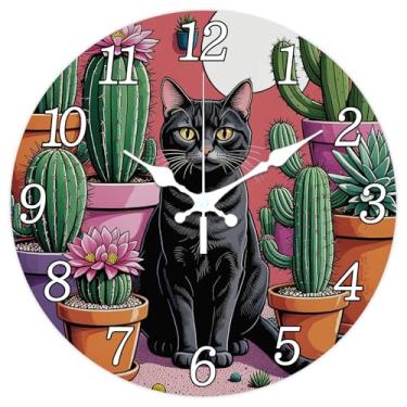 Imagem de CHGCRAFT Relógio de parede de gato preto, relógio de cacto de 30 cm, relógios decorativos redondos para quarto, sala de estar, cozinha, escritório