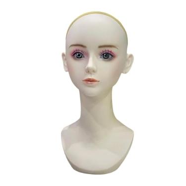 Imagem de oshhni Cabeça de manequim feminina, peruca, suporte de exibição, estilo multifuncional realista com maquiagem, cabeça de manequim para colar, corrente,