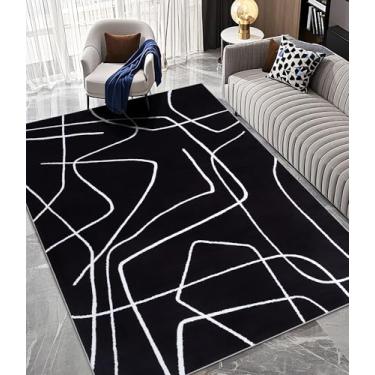 Imagem de YIHOUSE Tapete de área lavável moderno para sala de estar e quarto - Tapete grande abstrato preto e branco antiderrapante ultrafino para decoração de casa (abstrato escuro, 1,8 x 1,8 m)