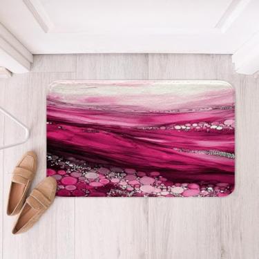 Imagem de jejeloiu Tapetes de banheiro de mármore rosa tapetes de banho de pedra mármore microfibra tema natural acessórios de banheiro abstrato oceano ondulado tapete antiderrapante 40,6 cm x 61 cm macio