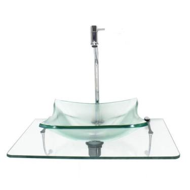 Imagem de Kit cuba de vidro quadrada 10mm com tampo 50cm incolor e suporte croma