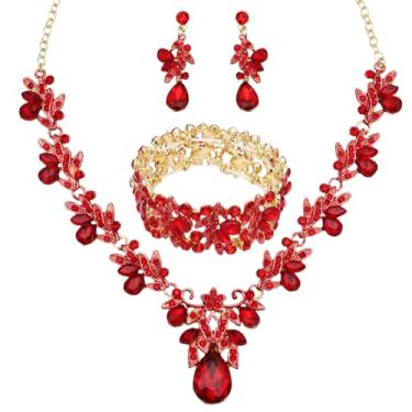 Imagem de Enrwin Colar com pingente de gota de cristal e flor de folha de casamento, brincos elásticos, conjunto de joias para mulheres, festa de casamento, formatura, Large, Cristal, Cristal