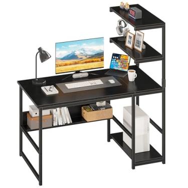 Imagem de ALISENED Mesa de computador com prateleiras de armazenamento de 4 níveis, mesa de escritório grande moderna de 110,7 cm, mesa de computador, mesa de trabalho de estudo com estante e prateleira de