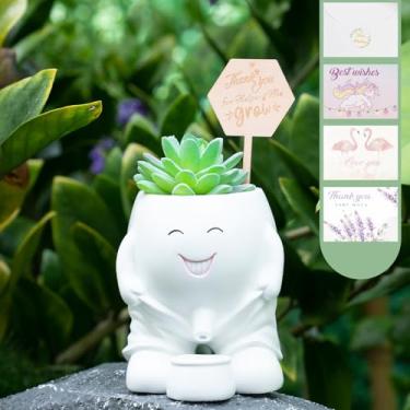 Imagem de Vaso de plantador de cabeça com orifícios de drenagem, vaso de flores exclusivo para cactos, suculentas, conjunto de presente com cartão de felicitações e placa de madeira de aniversário, decoração