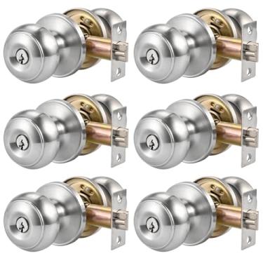 Imagem de 6 maçanetas de porta com trava e 3 chaves, conjunto de fechadura externa de 60/70 mm com trava ajustável de 60/70 mm, maçanetas prateadas para quarto, banheiro, fechaduras de porta de entrada