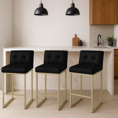 Imagem de Banqueta Cozinha Alta Com Encosto Industrial Kit 3 Champanhe Lirina Pu C05 - D'rossi Preto