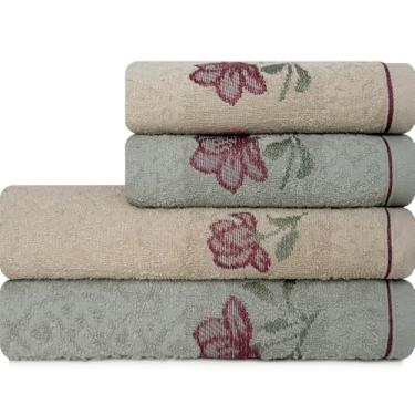 Imagem de Jogo de Toalhas 4 Peças Banho e Rosto 100% Algodão Karsten Encanto (Bege e Verde)