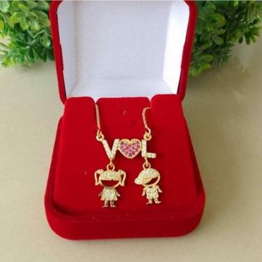 Imagem de Gargantilha 2 Iniciais +pingente De Filhos Banhado A Ouro