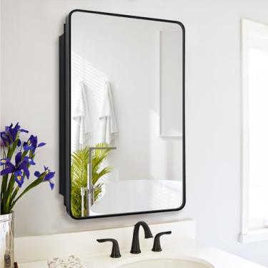 Imagem de FOMAYKO Armário de remédios para banheiro com espelho de banheiro de 41 x 66 cm, armário de banheiro embutido ou montado na superfície, espelho preto emoldurado de 41 x 66 cm com armazenamento