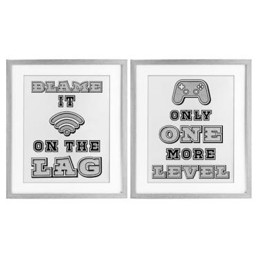 Imagem de Stupell Industries Black & White Gamer Quotes 2 peças impressão emoldurada cinza conjunto sob vidro, design por Marcus Prime, 16 x 13
