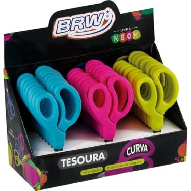 Imagem de Tesoura Escolar, BRW, Curva, 13 cm, 3 Cores Neon, Display com 24